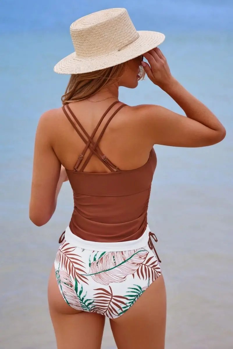 Mineral Red Floral Print Drawstring Tummy Control Tankini Set - Love Salve